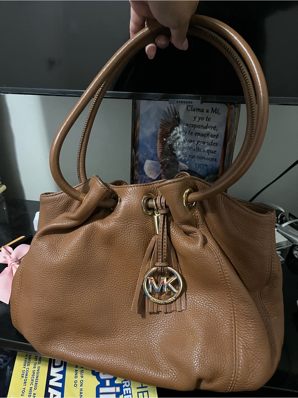 Michael Kors Tan Pebbled Leather Shoulder Bag with MK Tassel Charm